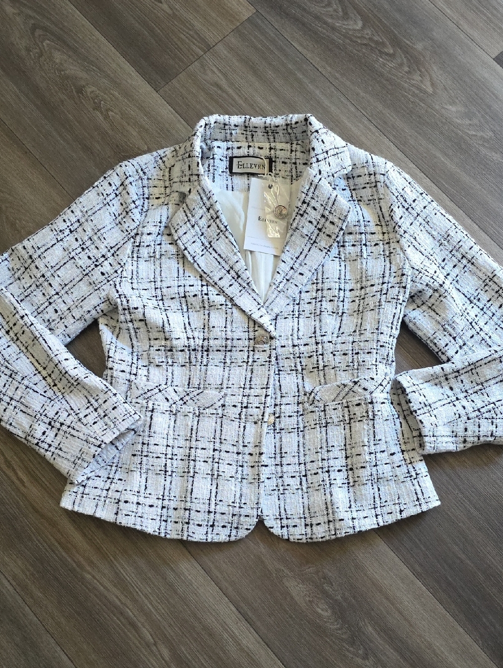 Elle White & Black Tweed Notch Collar Blazer